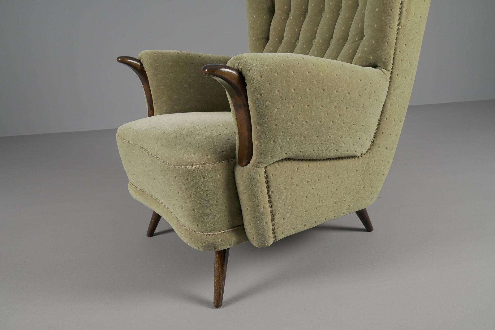 photo for sale Large Green Italian Wood & Fabric Wingback Armchair, 1950s