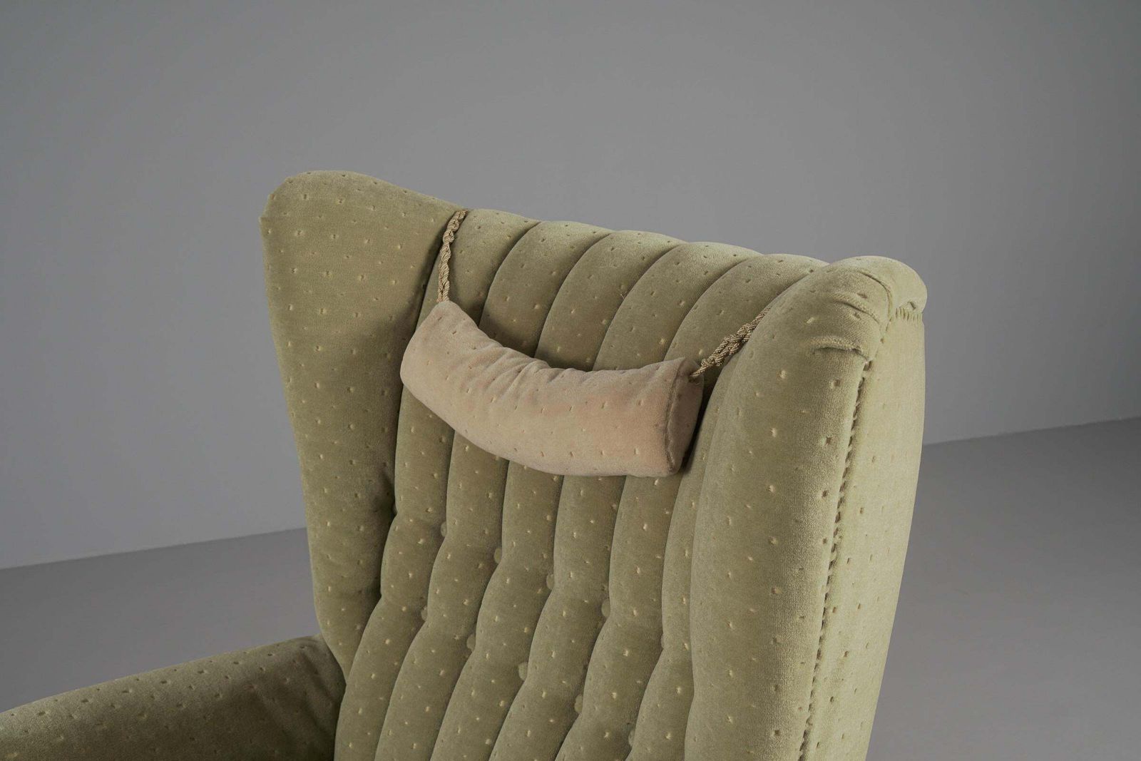 Furniture Large Green Italian Wood & Fabric Wingback Armchair, 1950s photo