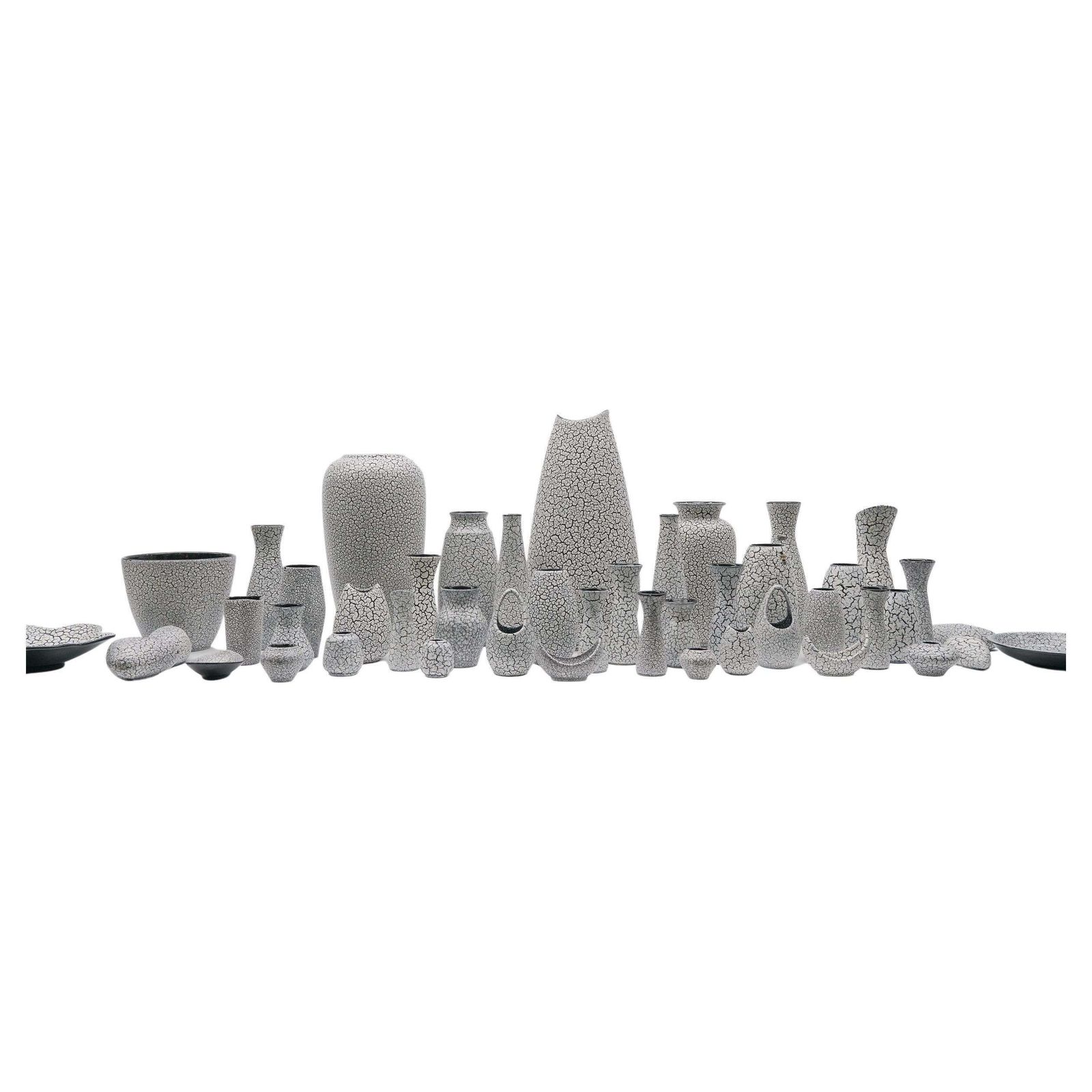 Awesome Set Of 47 Black & White Craquele Ceramic Vases By Jasba Keramik, Germany