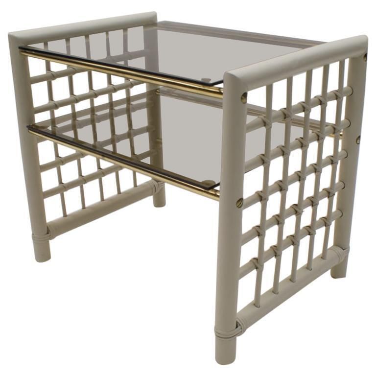 Hollywood Regency Nightstand Made In Bamboo, Brass With Smoked Glass, 1970s