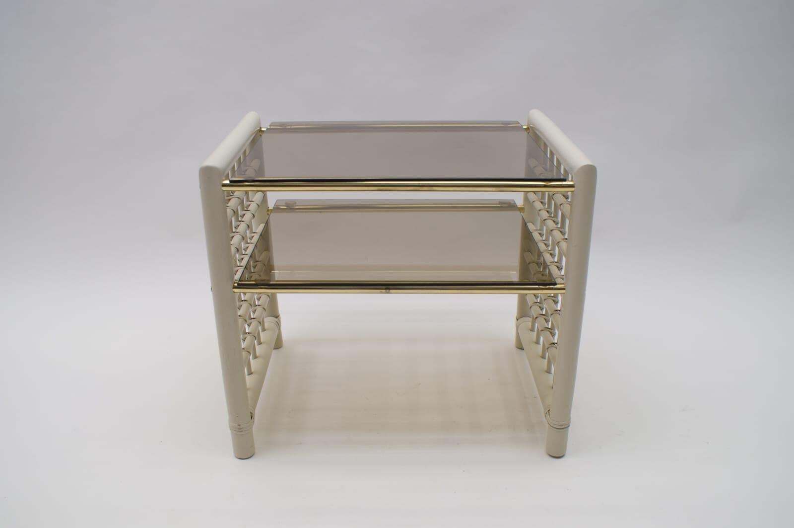 Hollywood Regency Nightstand Made In Bamboo, Brass With Smoked Glass, 1970s photo buy