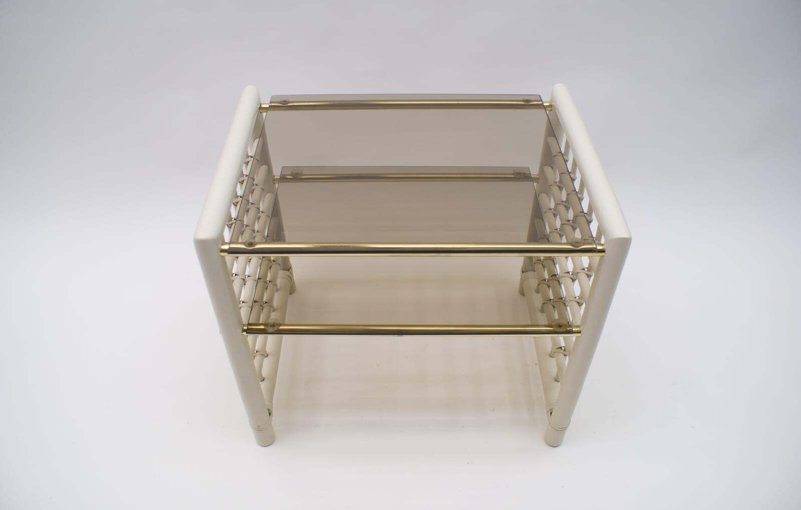 Hollywood Regency Nightstand Made In Bamboo, Brass With Smoked Glass, 1970s photo vintage