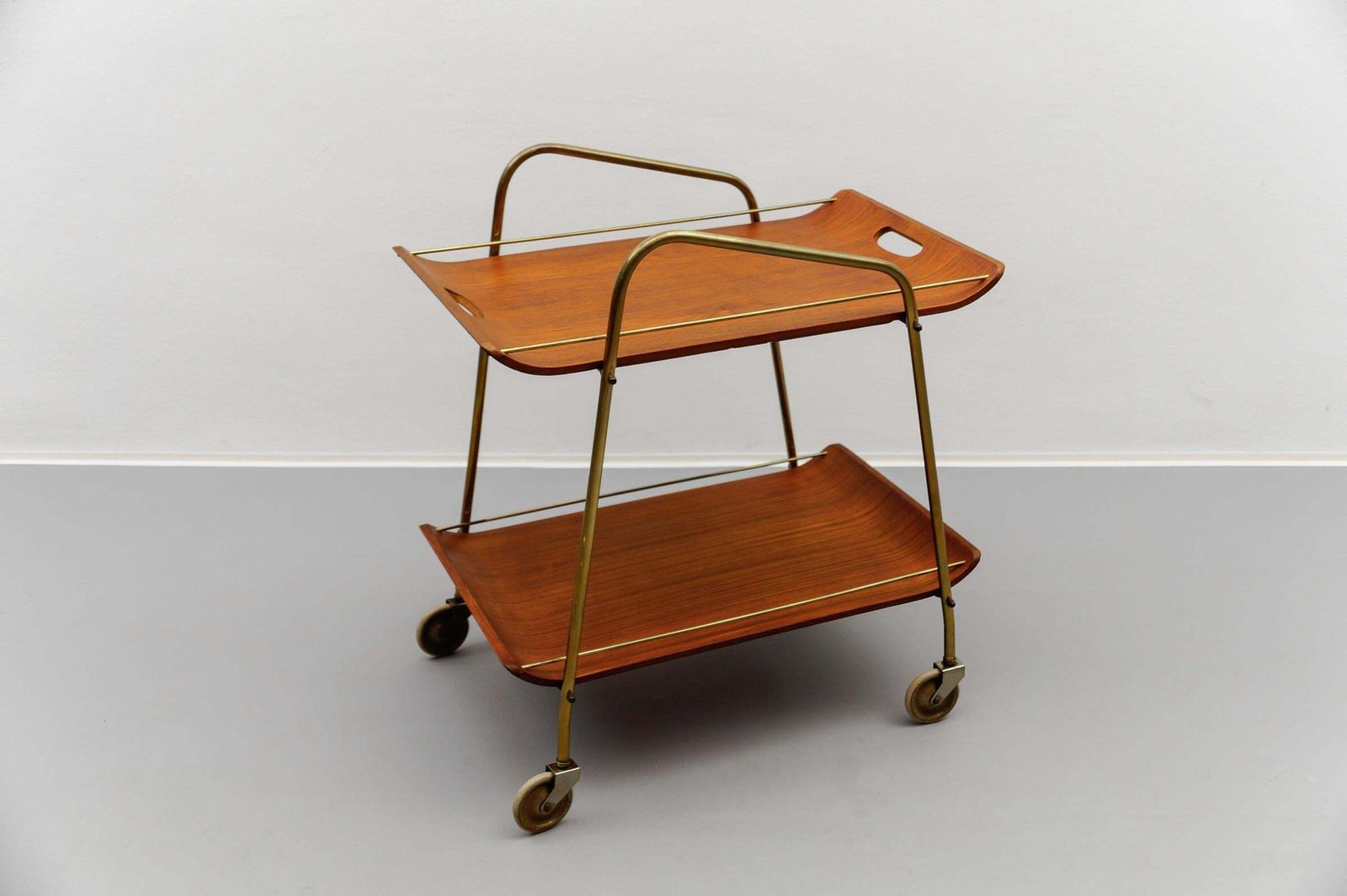 Mid Century Modern Serving Cart In Teak And Brass With Removable Tray, 1950s photo for sale