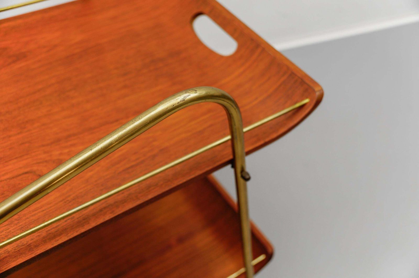 Home Decor Mid Century Modern Serving Cart In Teak And Brass With Removable Tray, 1950s photo