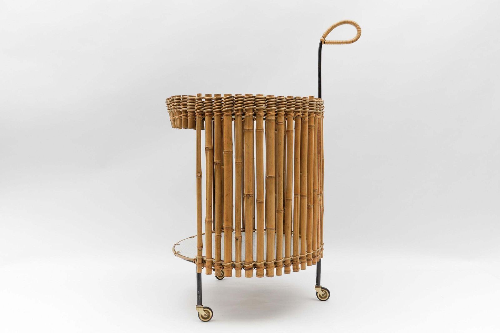 Stunning Mid Century Modern Round Serving Cart In Bamboo And Metal, 1950s photo for sale