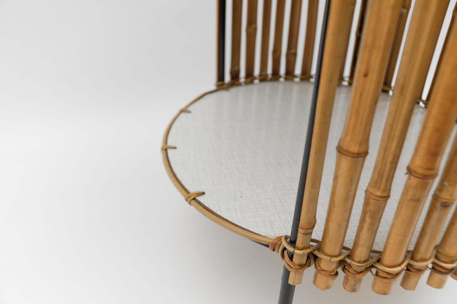 photo for sale Stunning Mid Century Modern Round Serving Cart In Bamboo And Metal, 1950s