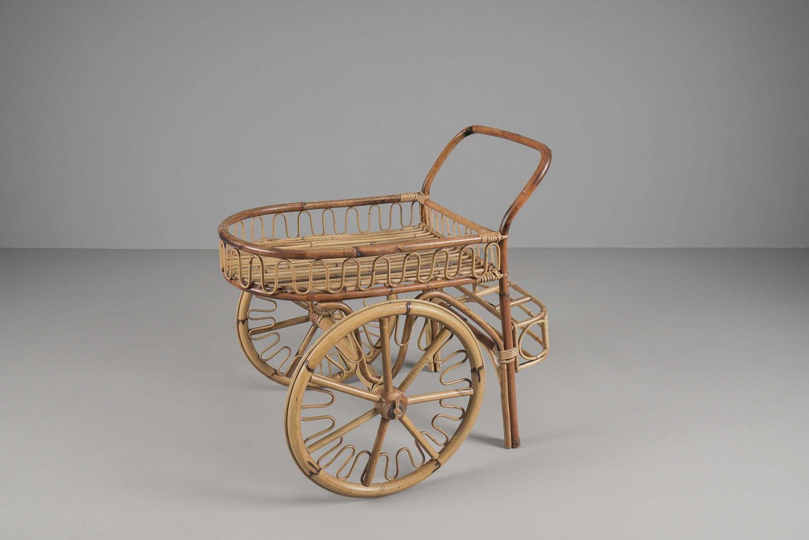 Italian Bamboo And Rattan Bar Cart Serving Trolley, 1950s photo for sale