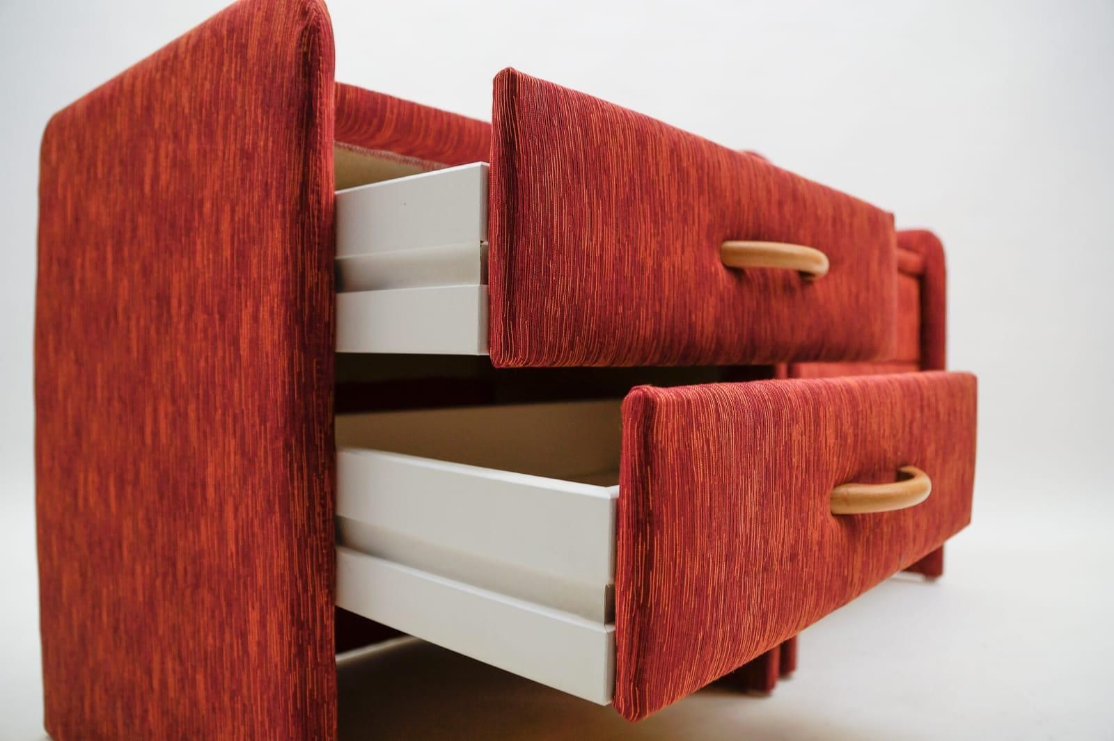 Two Fabric Upholstered Bedside Cabinets In Light Cherry Red And Glass, 1980s photo vintage