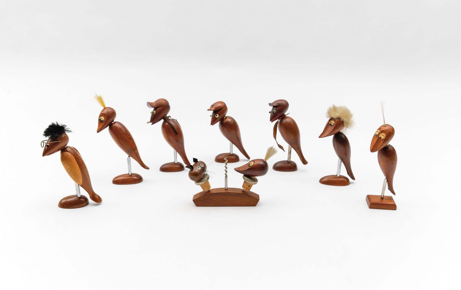 Lovely Set Of 7 Scandinavian Wooden Woodpecker Corkscrews, 1960s photo for sale