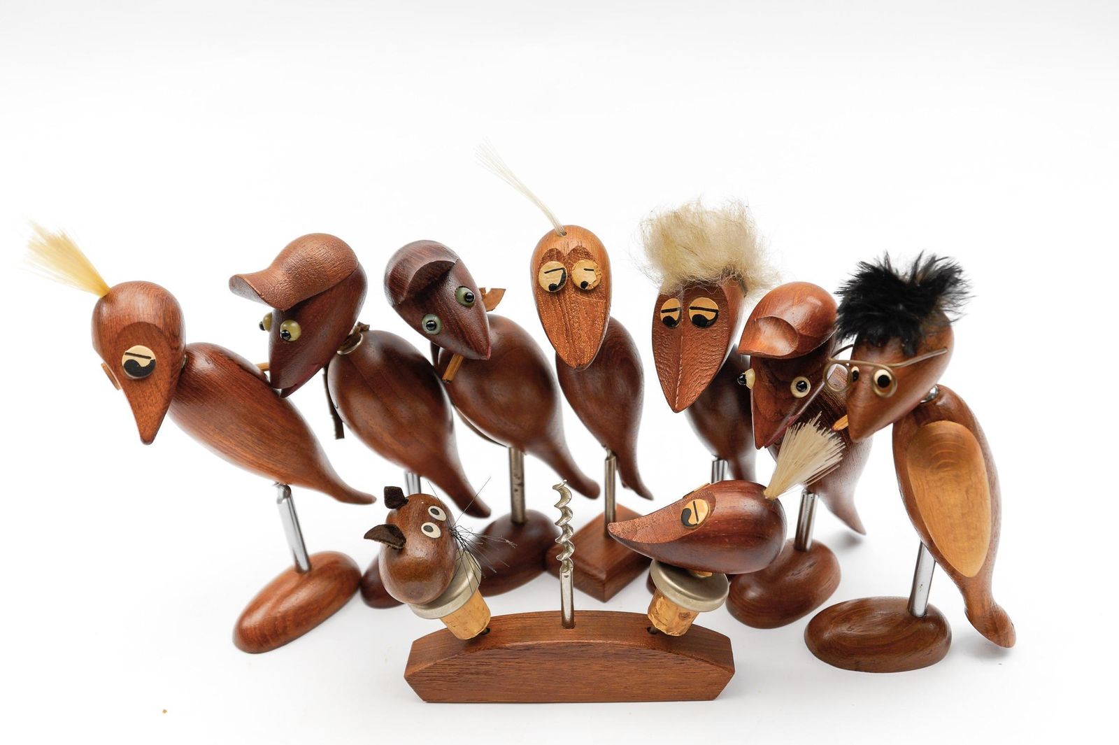Lovely Set Of 7 Scandinavian Wooden Woodpecker Corkscrews, 1960s photo 1827.0