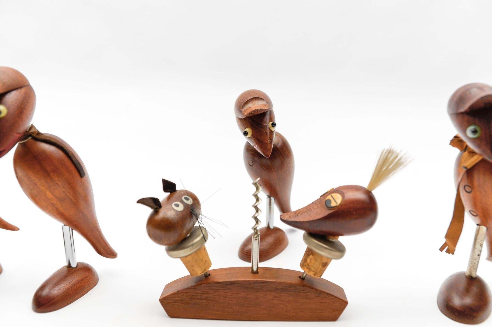 1827.0 Lovely Set Of 7 Scandinavian Wooden Woodpecker Corkscrews, 1960s photo