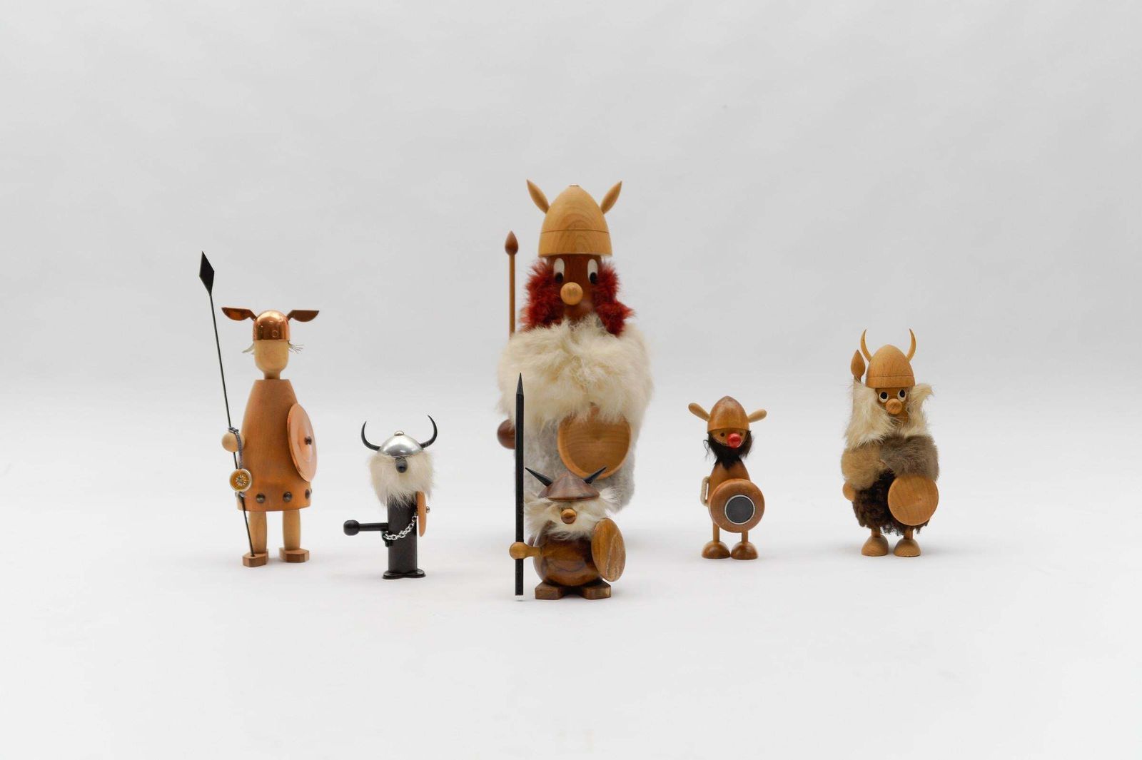 Lovely Set Of 6 Scandinavian Wooden Danish Vikings, 1950s photo for sale
