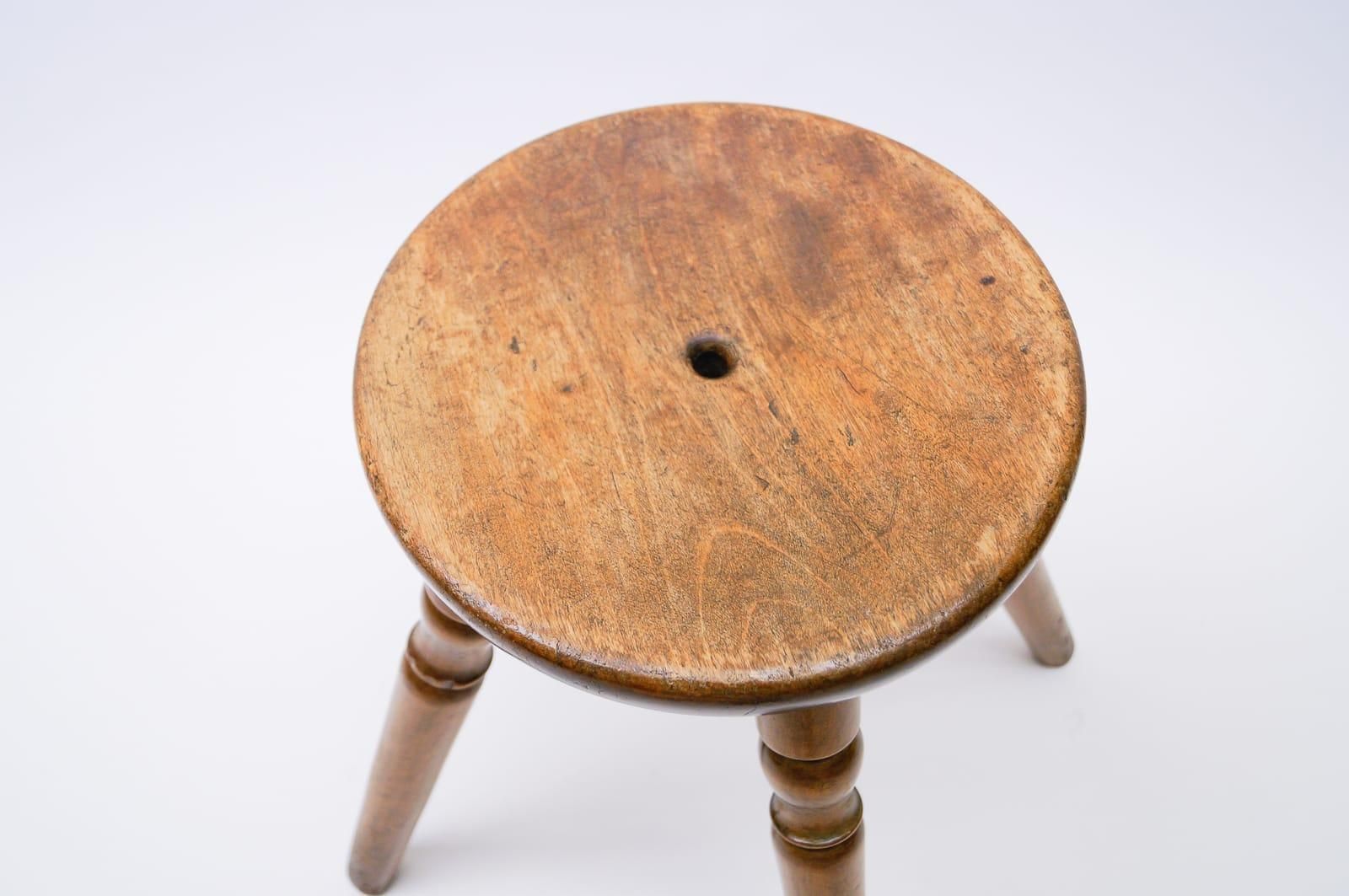 Mid Century Modern French Primitive 4 Legs Wooden Stool, 1950s photo vinterior