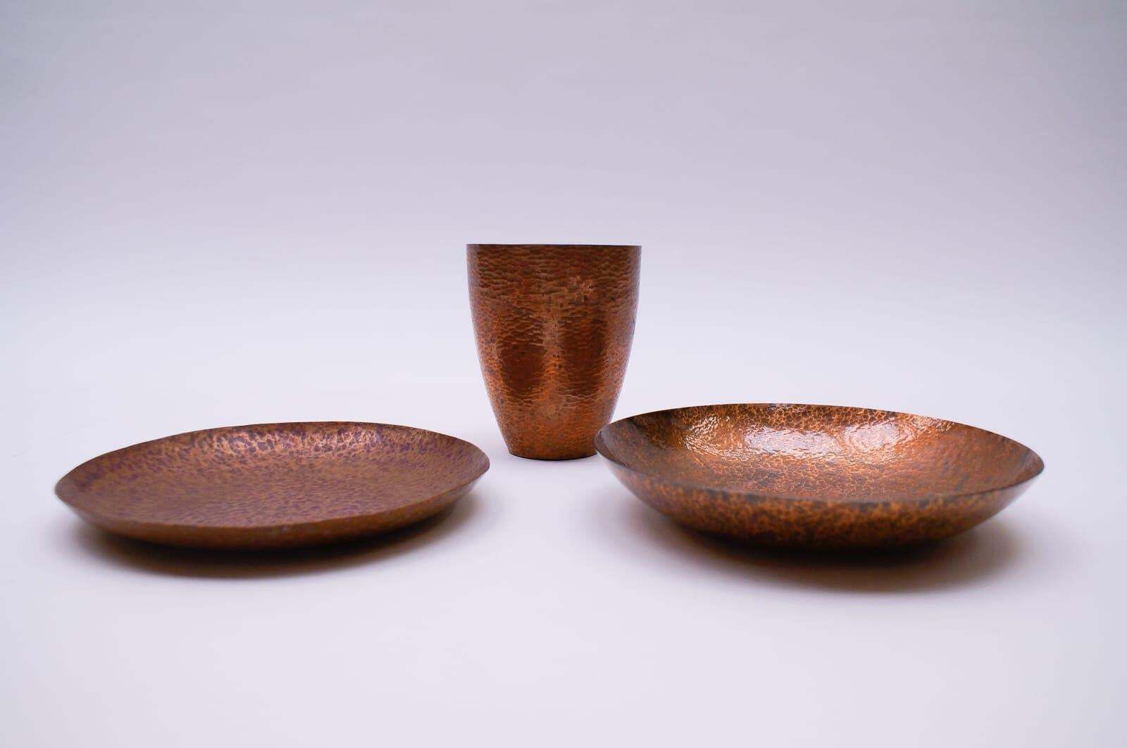 Set Of Two Unique Copper Hand Beaten Bowls And One Vase By Bunge, Germany, 1950s photo furniture