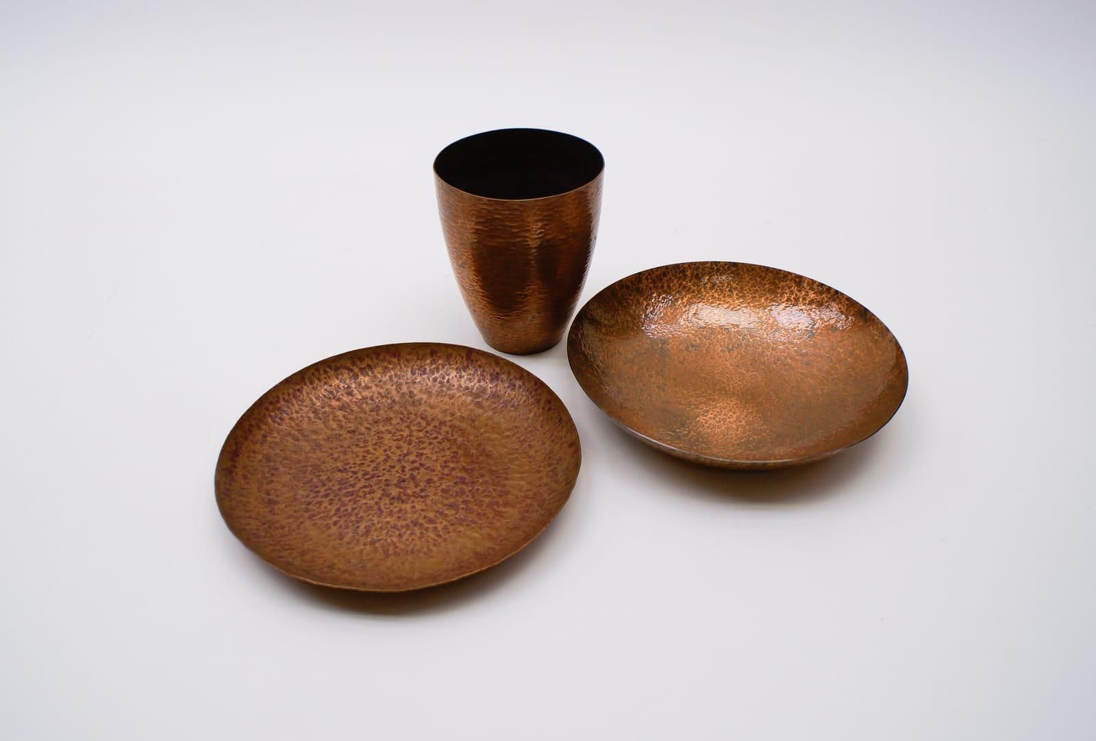 Set Of Two Unique Copper Hand Beaten Bowls And One Vase By Bunge, Germany, 1950s photo for sale