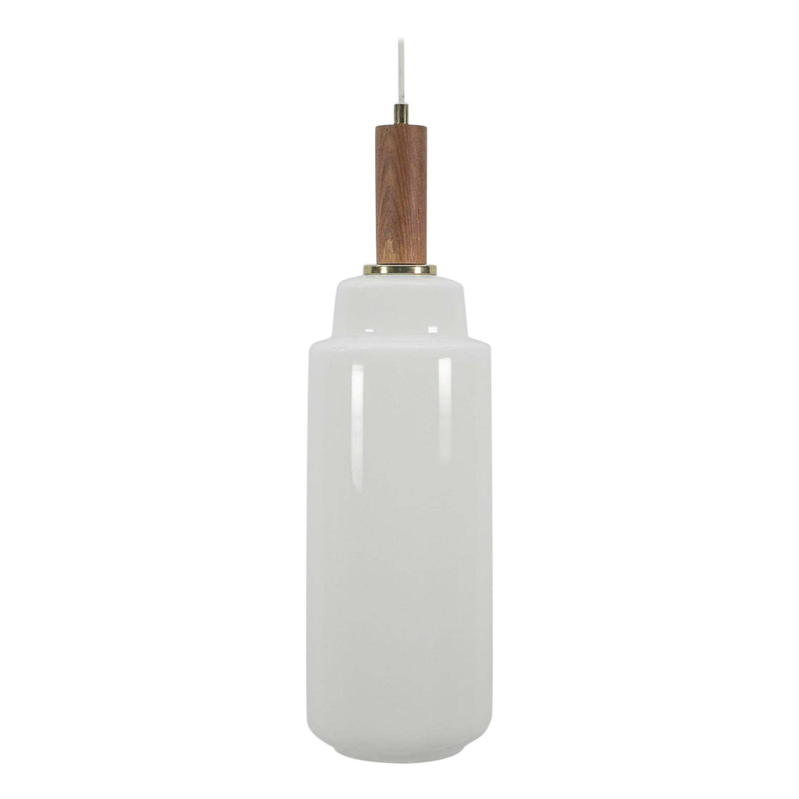 Cylindrical Scandinavian Opal Glass Hanging Lamp With Teak Wood, 1960s