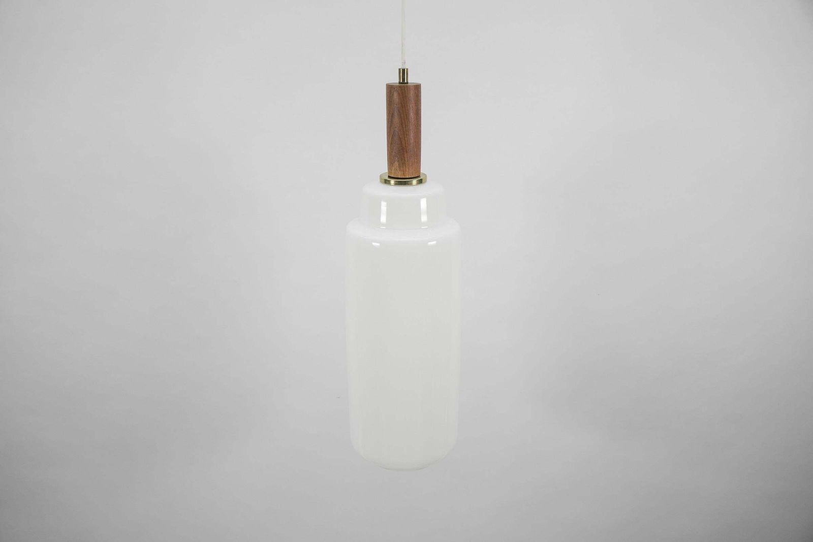 Cylindrical Scandinavian Opal Glass Hanging Lamp With Teak Wood, 1960s photo Lighting