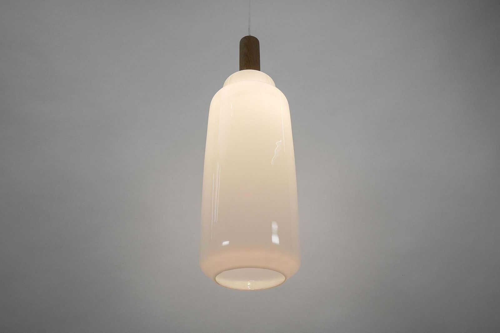 Cylindrical Scandinavian Opal Glass Hanging Lamp With Teak Wood, 1960s photo 807.0