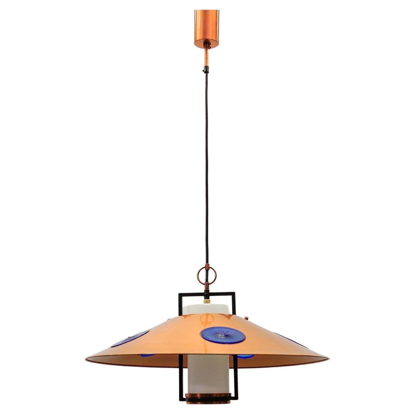 Mid Century Modern Opal Glass Lamp With Copper Shade And Copper Fixture, 1950s