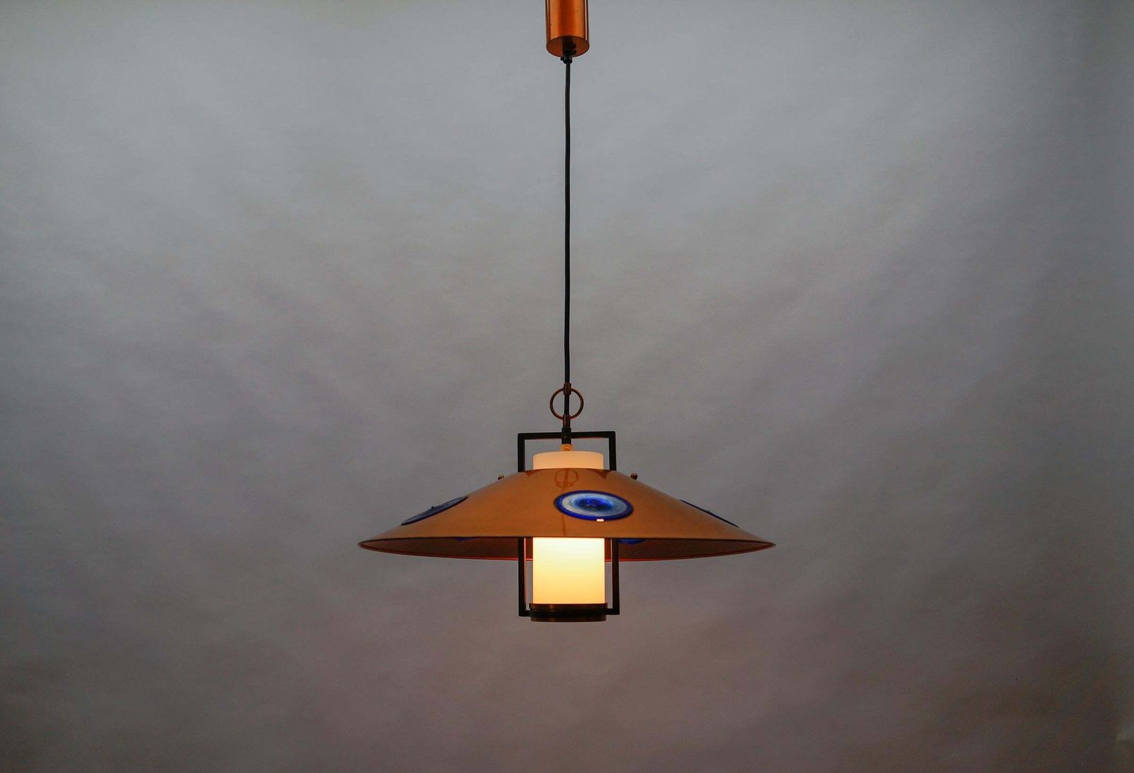 Mid Century Modern Opal Glass Lamp With Copper Shade And Copper Fixture, 1950s photo Lighting