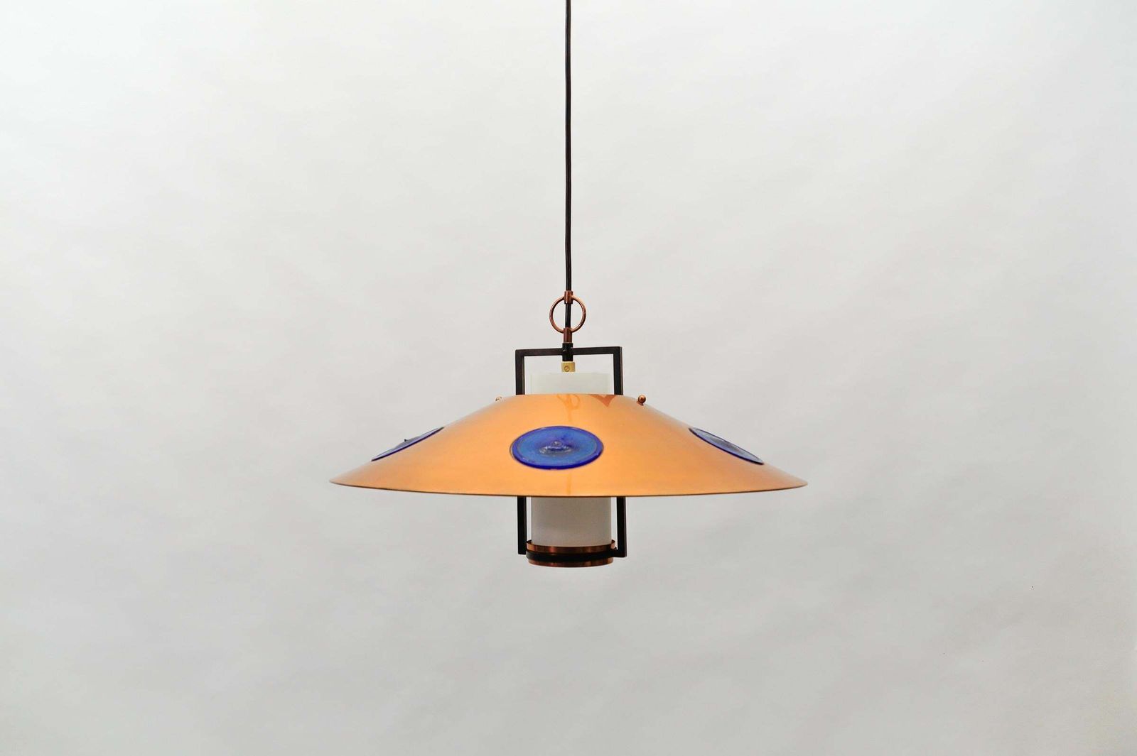 Mid Century Modern Opal Glass Lamp With Copper Shade And Copper Fixture, 1950s photo buy