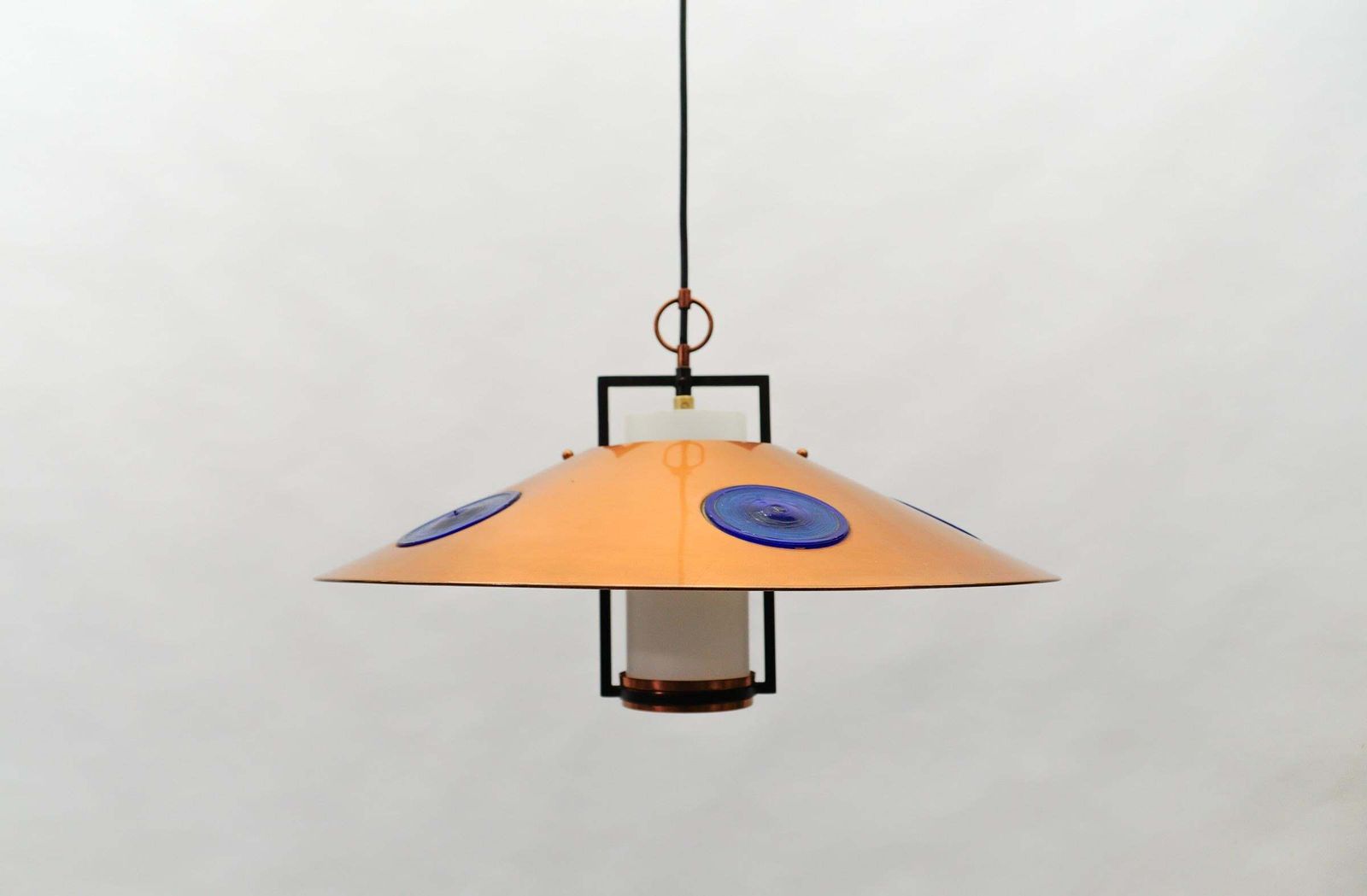 Mid Century Modern Opal Glass Lamp With Copper Shade And Copper Fixture, 1950s photo vintage