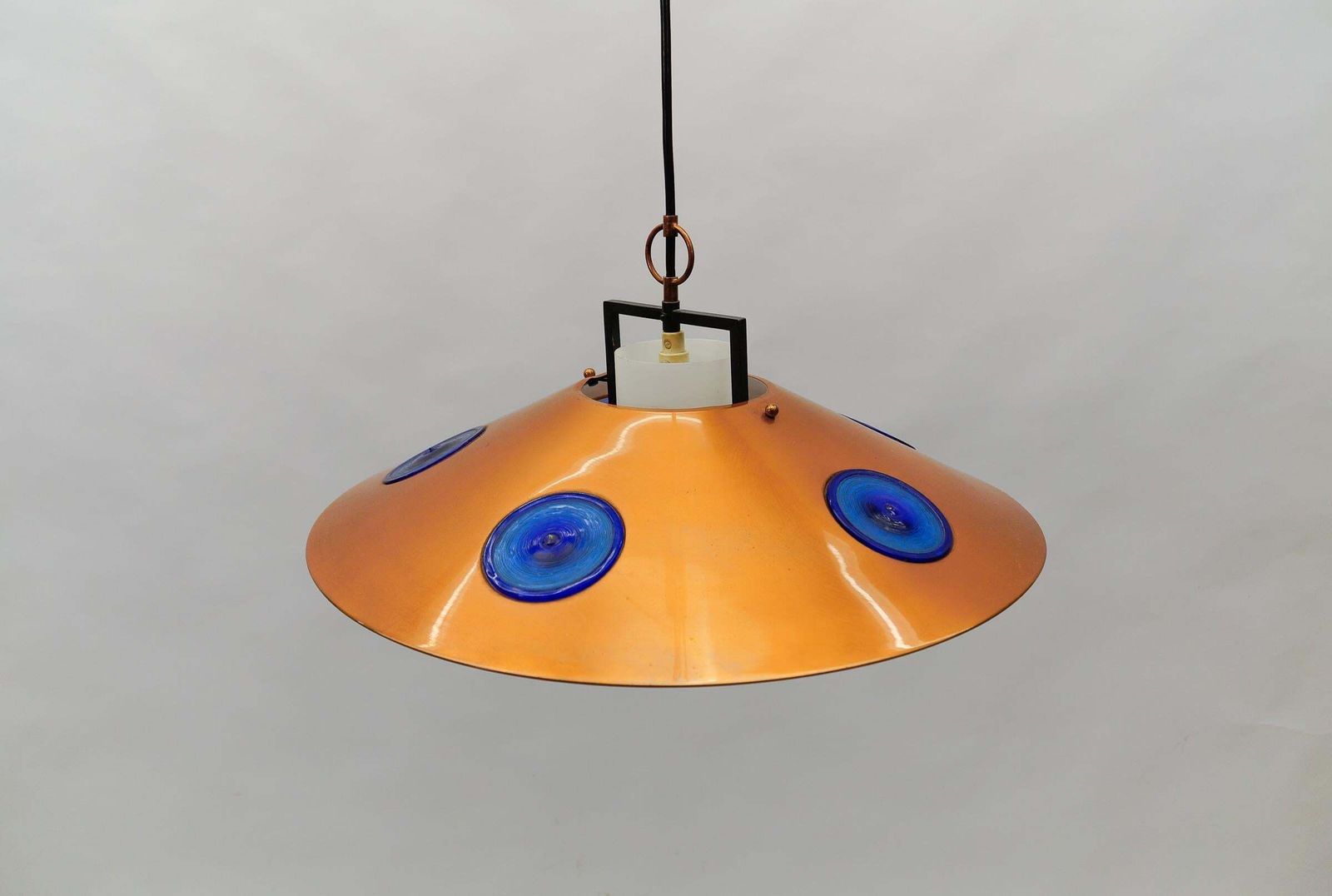 photo for sale Mid Century Modern Opal Glass Lamp With Copper Shade And Copper Fixture, 1950s