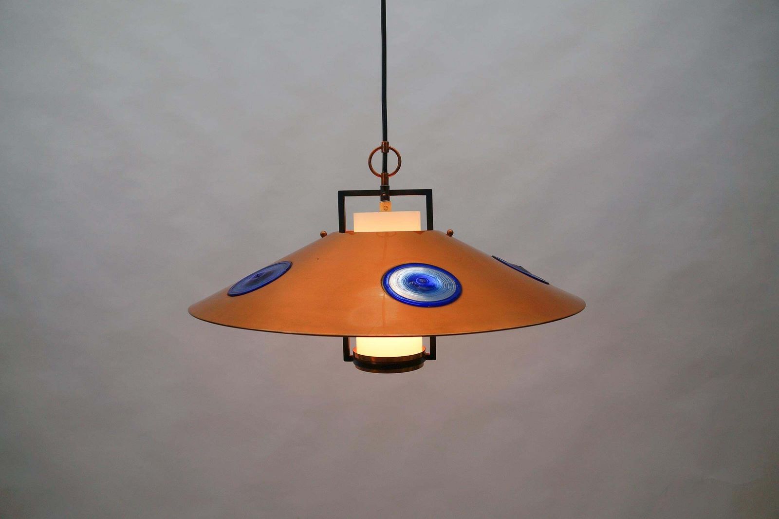 photo vintage Mid Century Modern Opal Glass Lamp With Copper Shade And Copper Fixture, 1950s