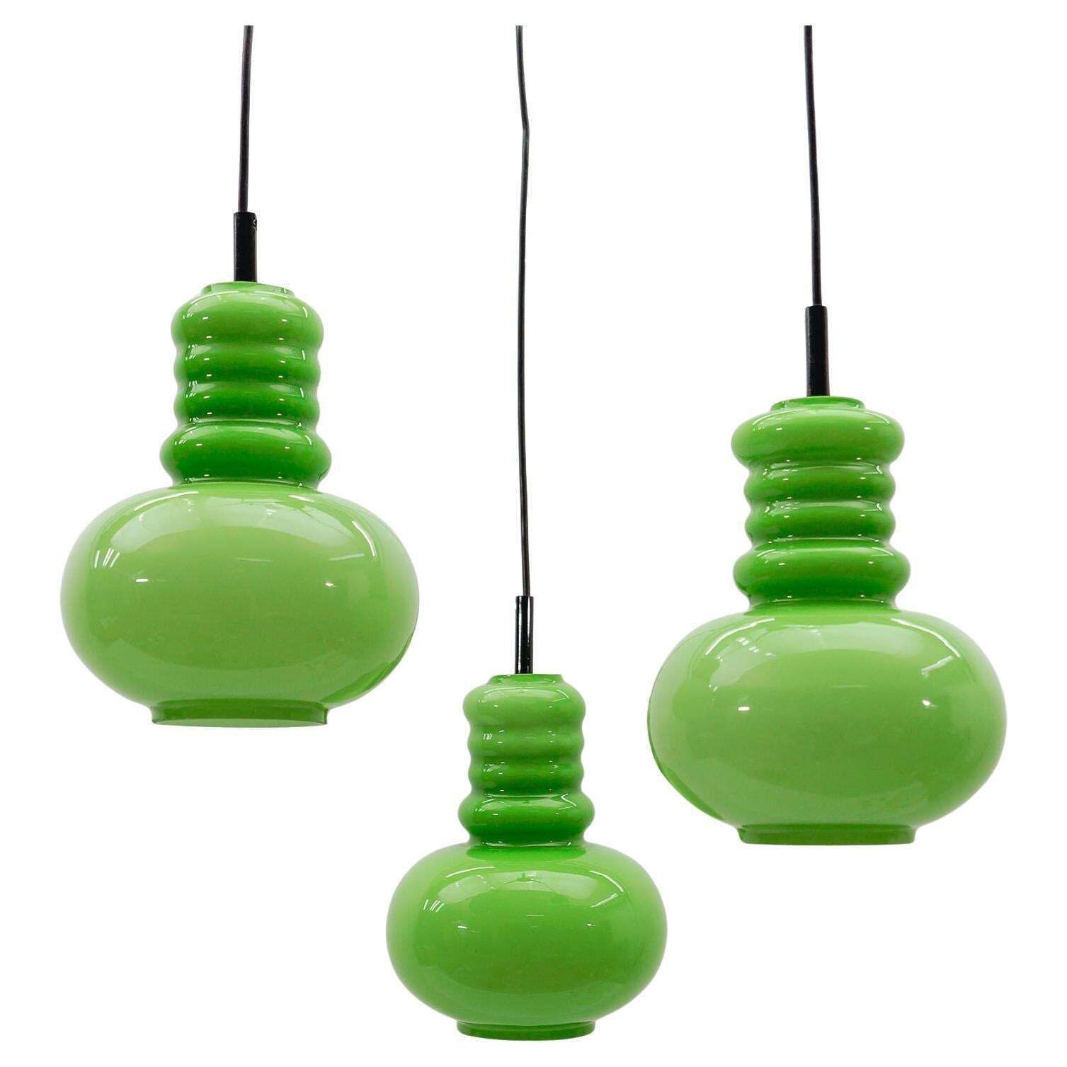 Lovely 3 Light Apple Green Glass Cascading Lamp By Peill & Putzler, 1960s