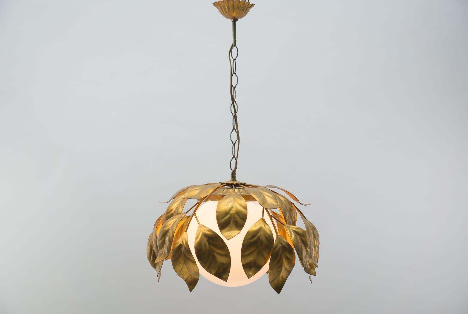 Nice Gilded Florentine Ceiling Lamp With Opaline Glass Globe Shade, Italy, 1960s photo furniture