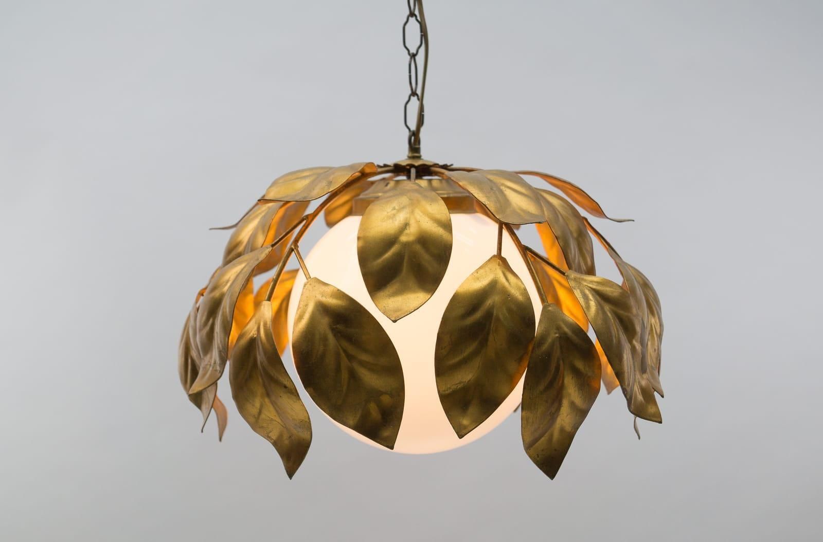 Nice Gilded Florentine Ceiling Lamp With Opaline Glass Globe Shade, Italy, 1960s photo Lighting