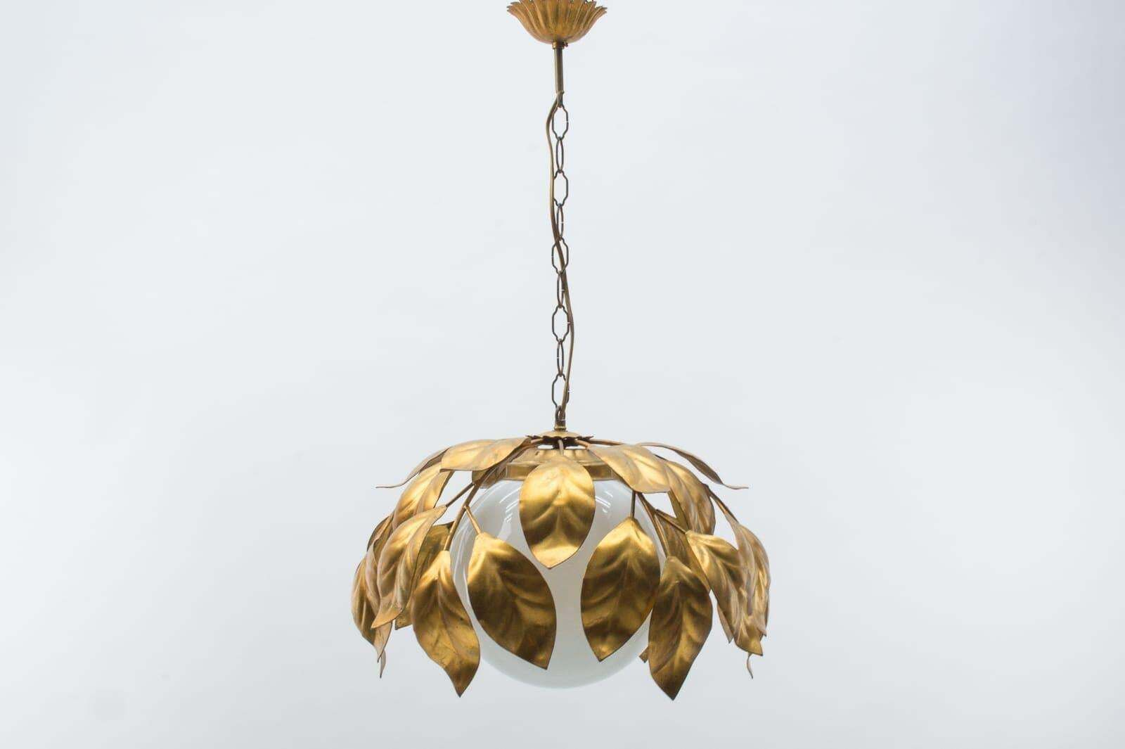 Lighting Nice Gilded Florentine Ceiling Lamp With Opaline Glass Globe Shade, Italy, 1960s photo