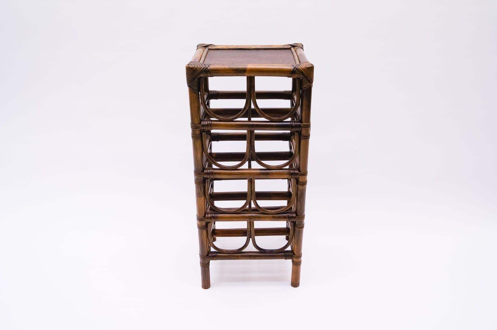Elegant French Bamboo And Rattan Wine Rack For Eight Bottles With Shelf photo for sale