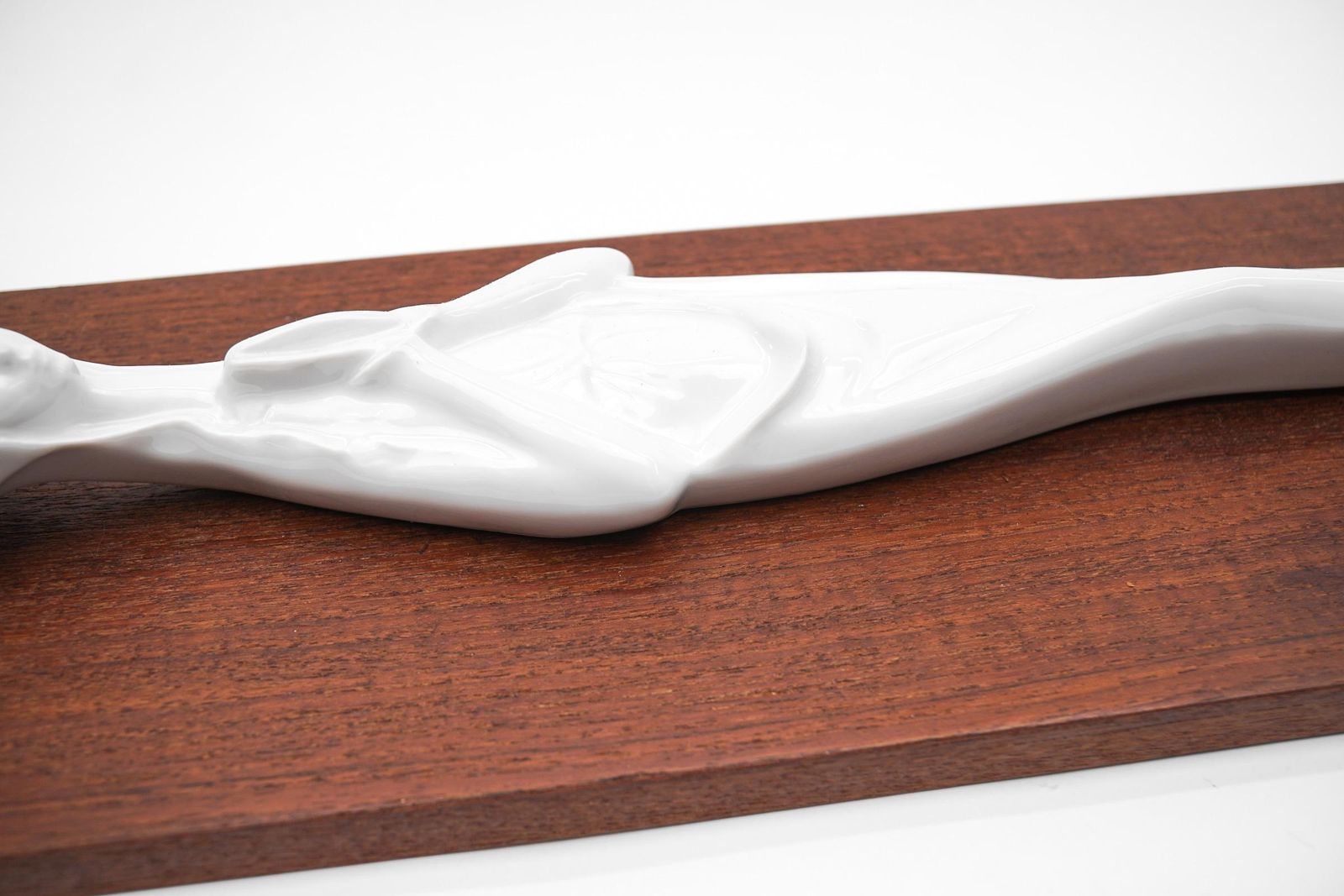 Scandinavian White And Molded Porcelain Madonna On Teak Panel, 1960s photo vintage