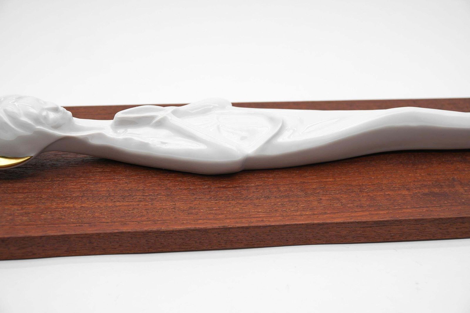 photo for sale Scandinavian White And Molded Porcelain Madonna On Teak Panel, 1960s