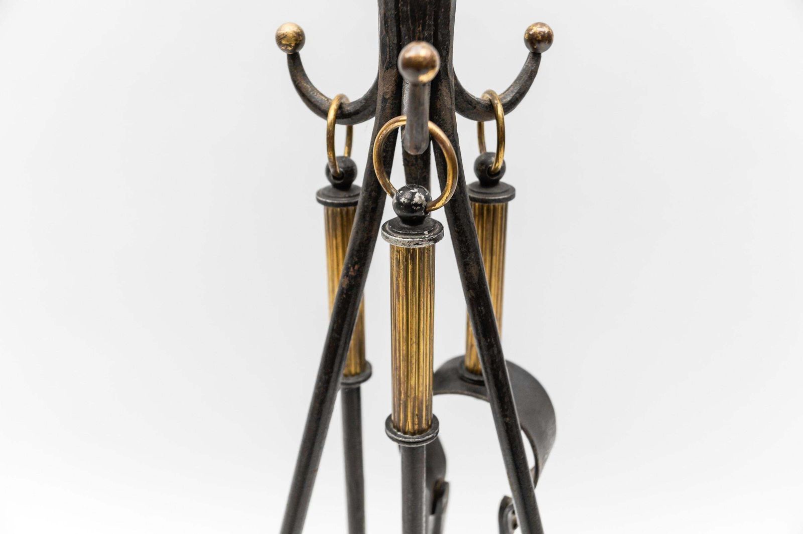 Hand Forged Tripod Iron And Brass Stand With Fireplace Tools, Austria, 1950s photo vintage