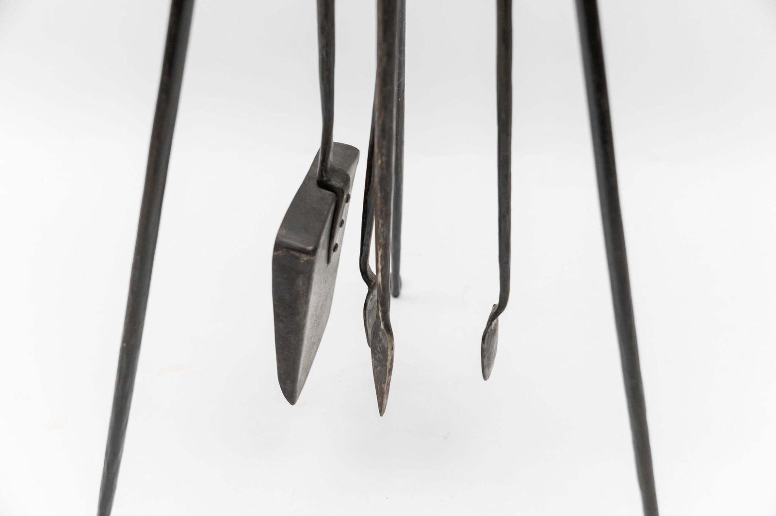 photo for sale Hand Forged Tripod Iron And Brass Stand With Fireplace Tools, Austria, 1950s