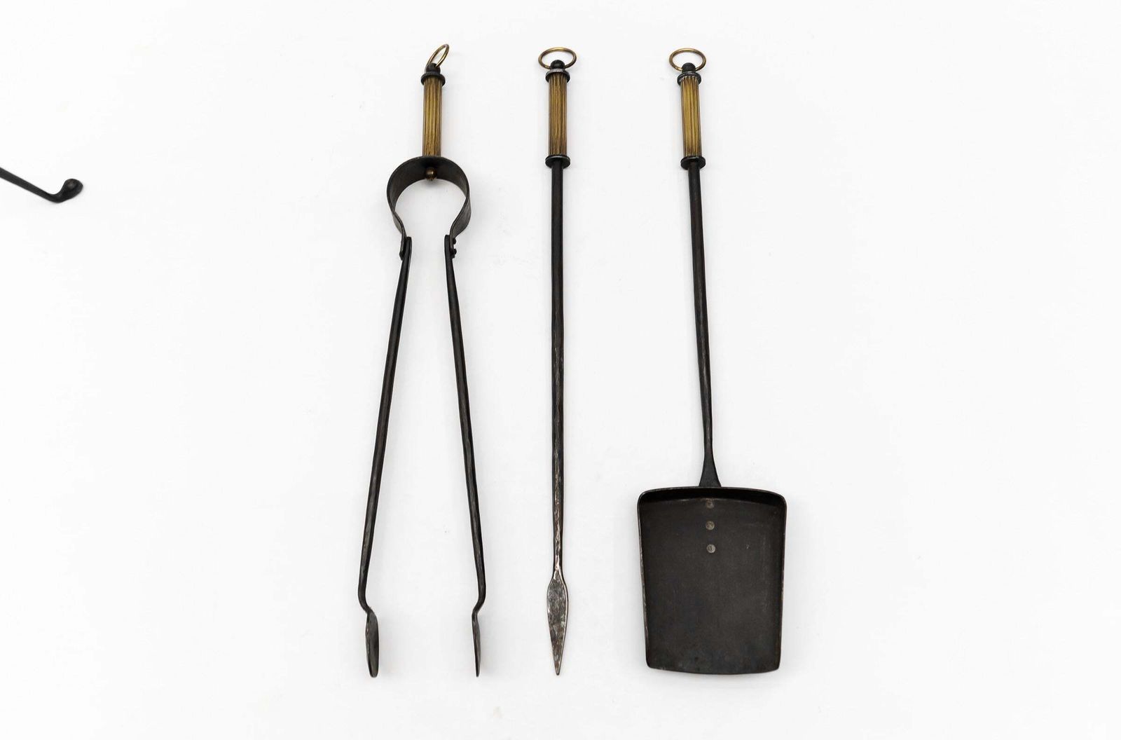 Home Fixtures Hand Forged Tripod Iron And Brass Stand With Fireplace Tools, Austria, 1950s photo