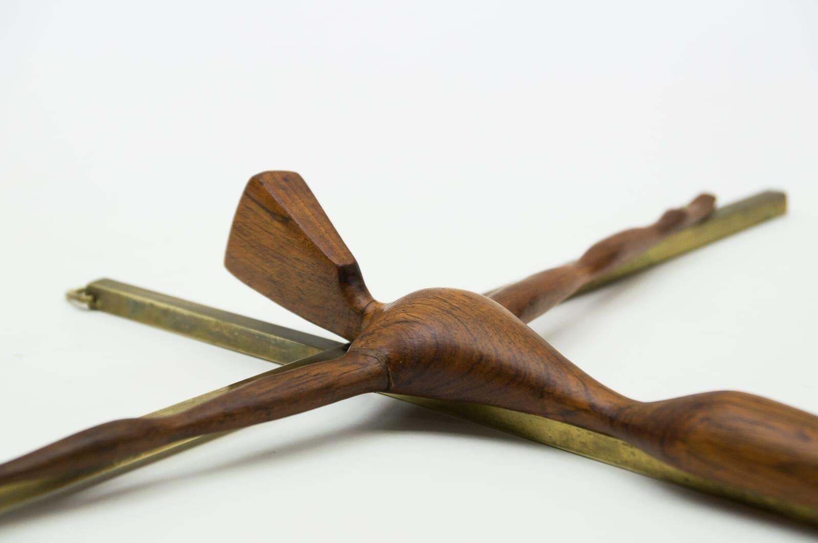 Mid Century Modern Brass Crucifix With An Hand Carved Teak Jesus Sculpture photo vintage