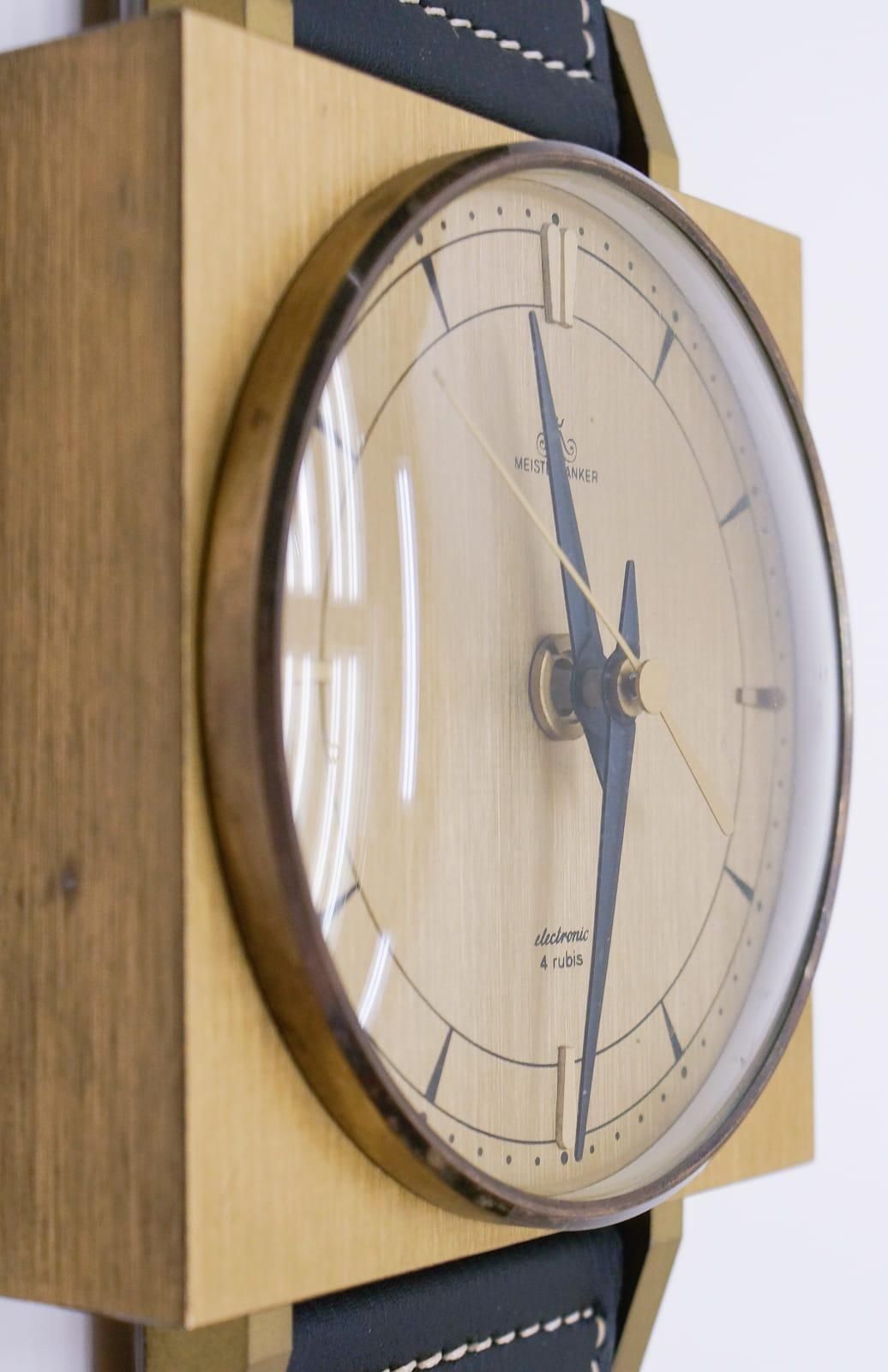 Midcentury Wall Clock In The Form Of A Wristwatch In Leather And Brass, Germany photo buy