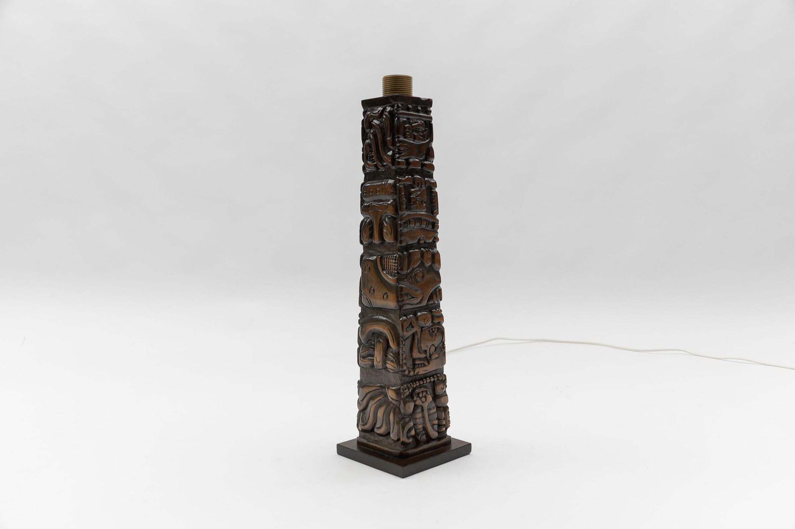 Hand Carved Wooden Mayan Totem Table Lamp By Temde Honduras, Switzerland 1960s photo vinterior