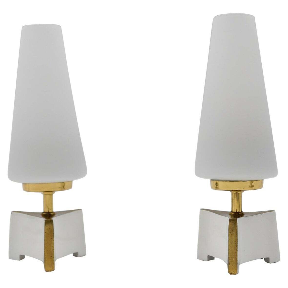 Petite Mid Century Modern Massive Brass And Opaline Glass Table Lamps, 1950s