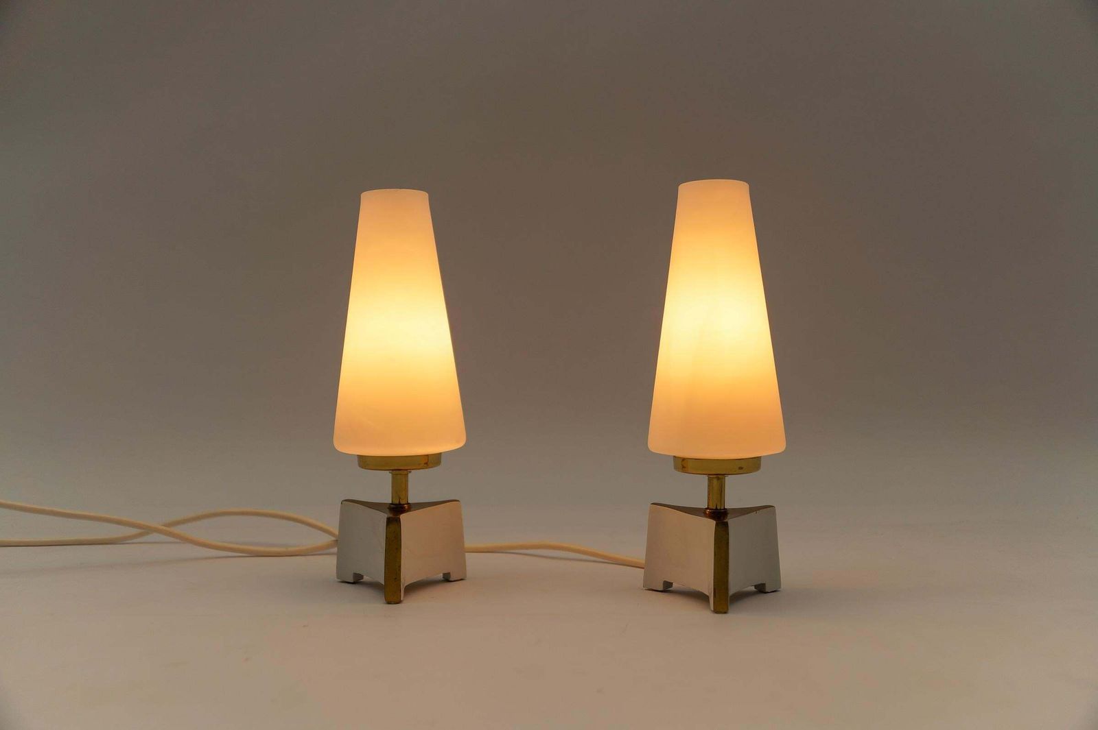 Petite Mid Century Modern Massive Brass And Opaline Glass Table Lamps, 1950s photo 807.0