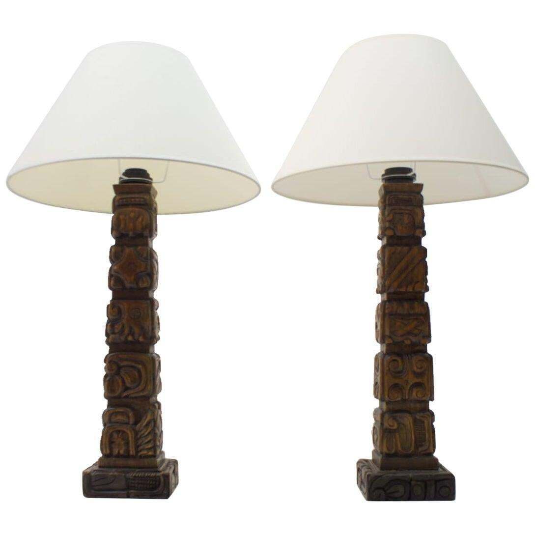 Pair Of Rare Hand Carved Wooden Table Lamps From Temde, Switzerland, 1960s
