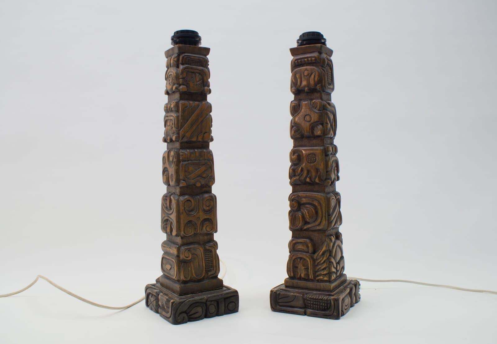 Pair Of Rare Hand Carved Wooden Table Lamps From Temde, Switzerland, 1960s photo Lighting