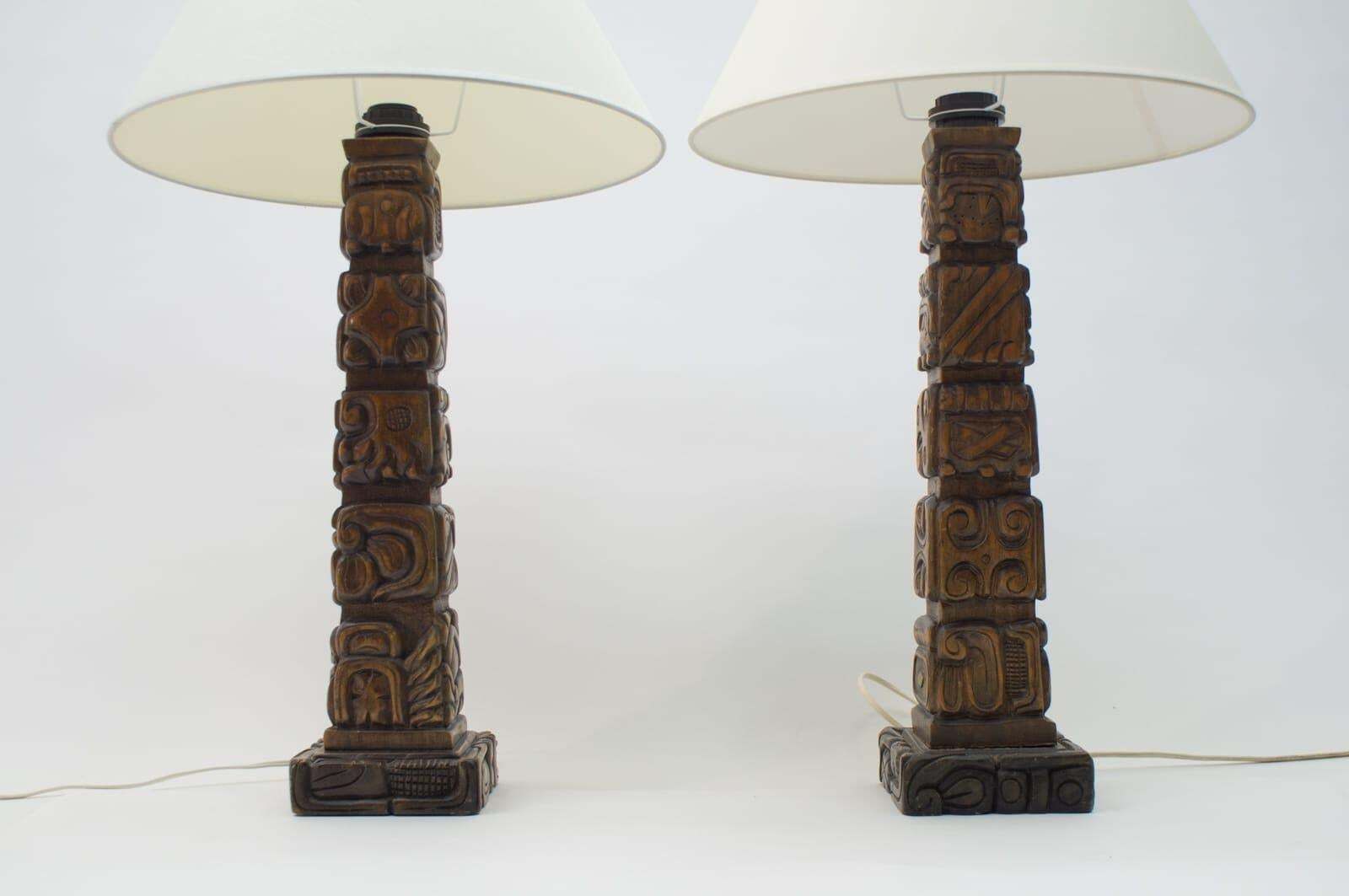 Pair Of Rare Hand Carved Wooden Table Lamps From Temde, Switzerland, 1960s photo 1019.0