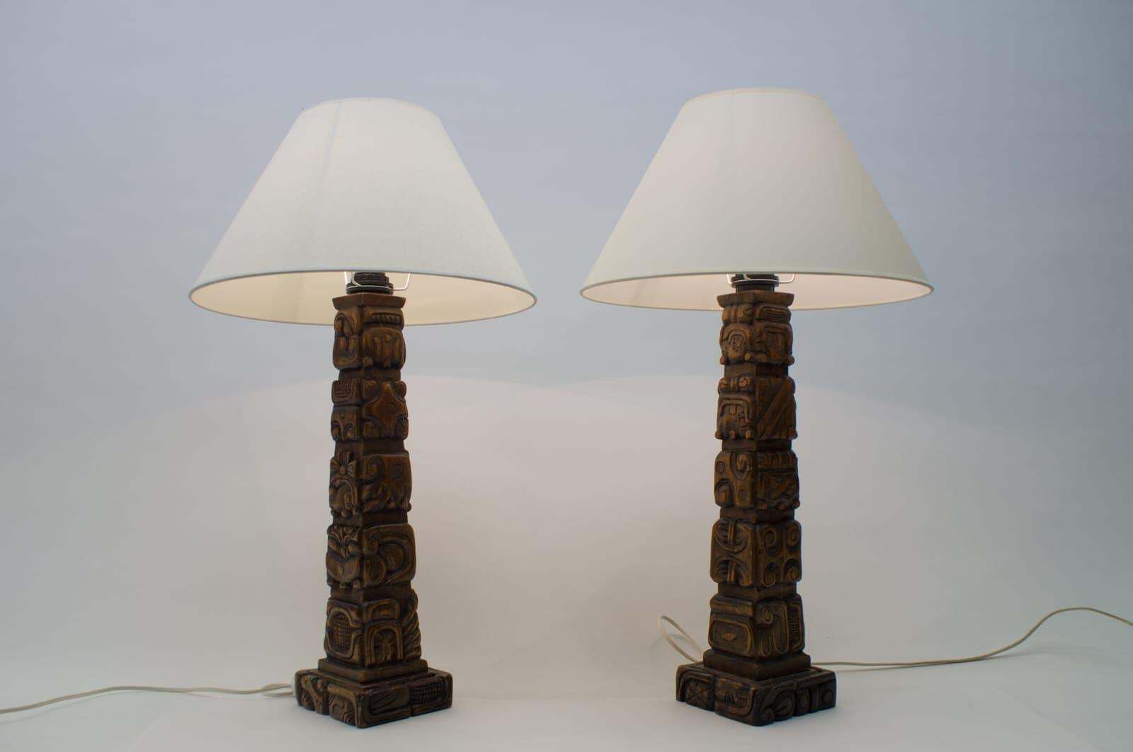 photo vinterior Pair Of Rare Hand Carved Wooden Table Lamps From Temde, Switzerland, 1960s