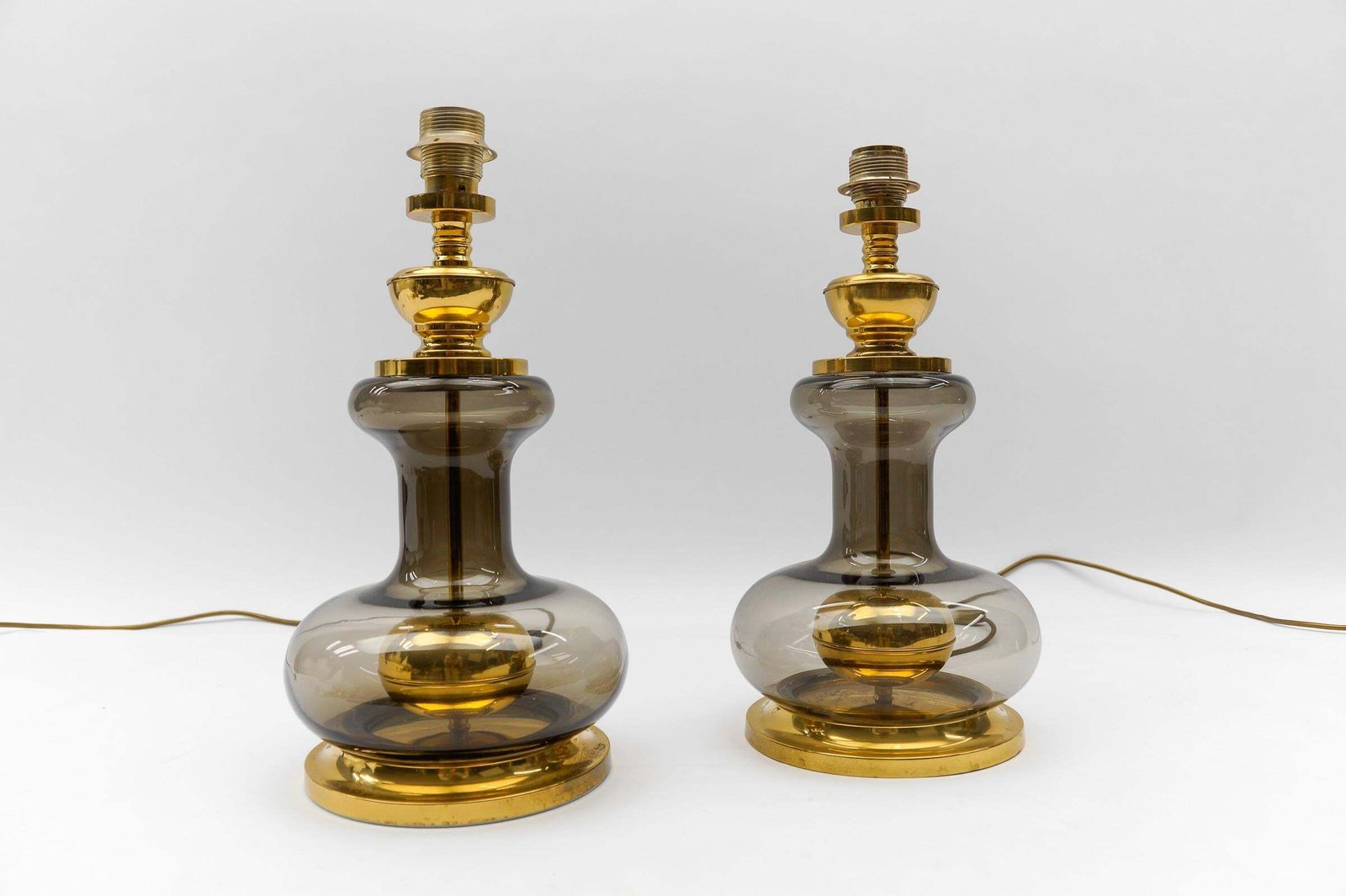 Pair Of Mid Century Modern Brass Smoked Glass Table Lamp Bases, 1960s photo furniture