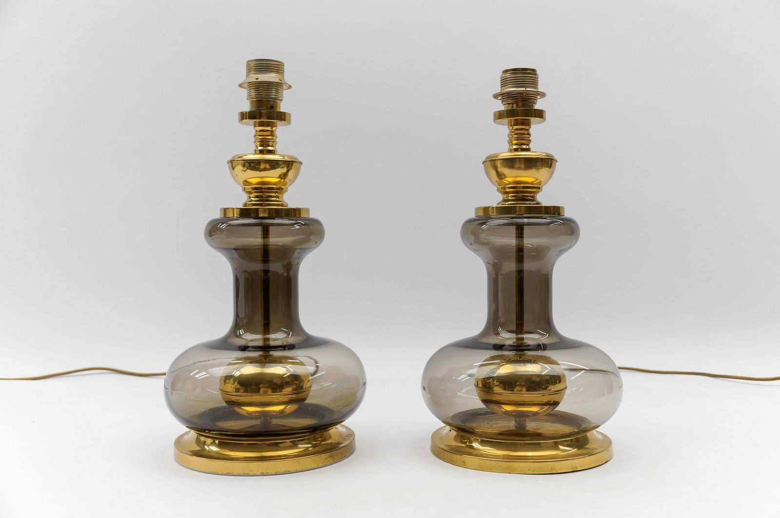 Pair Of Mid Century Modern Brass Smoked Glass Table Lamp Bases, 1960s photo for sale