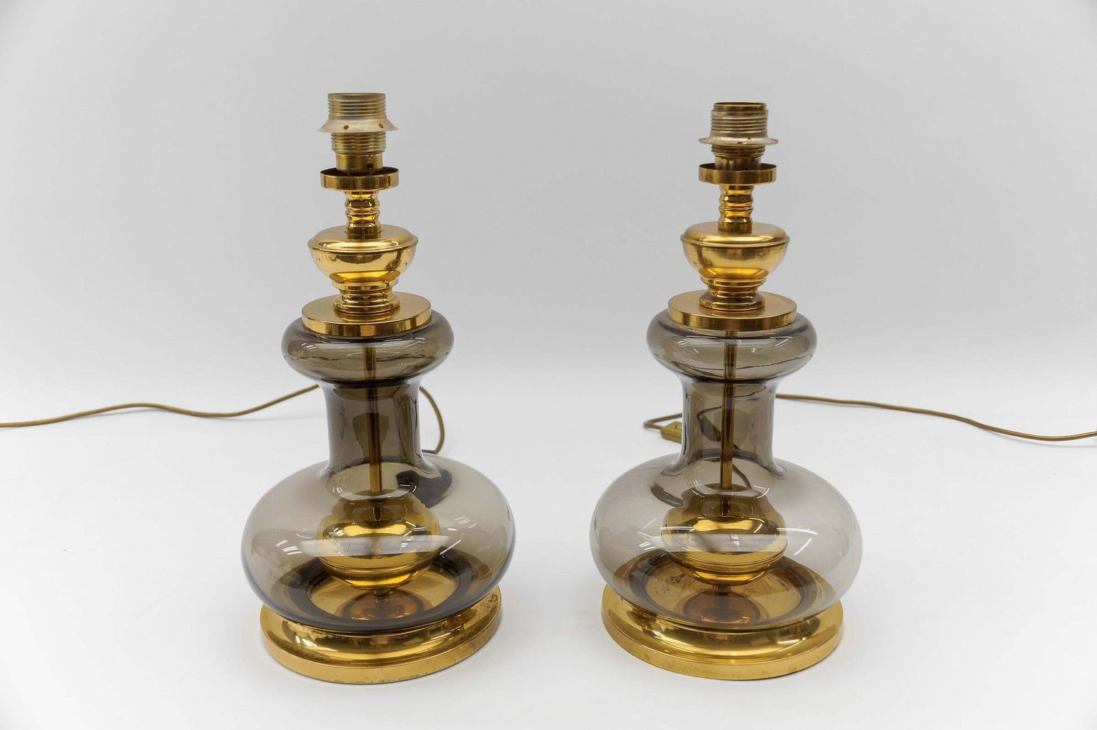 Pair Of Mid Century Modern Brass Smoked Glass Table Lamp Bases, 1960s photo 1019.0